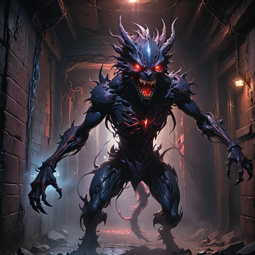 Terrifying Digimon-like Horror Creature in Dark Fantasy Art