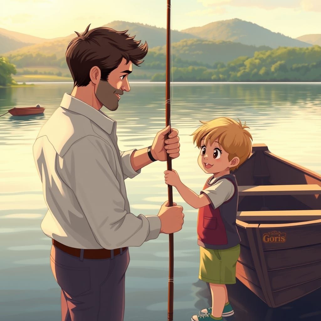 Father and Son Fishing on a Tranquil Lake