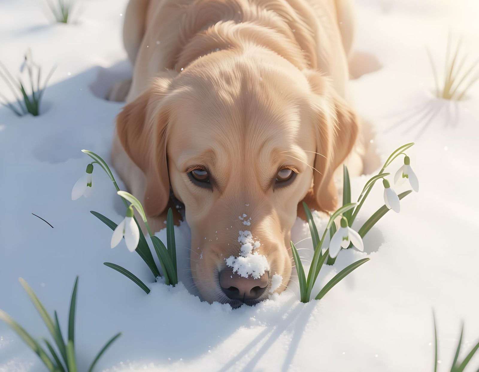 Golden Retriever Digs Snowdrops in Spring Snow