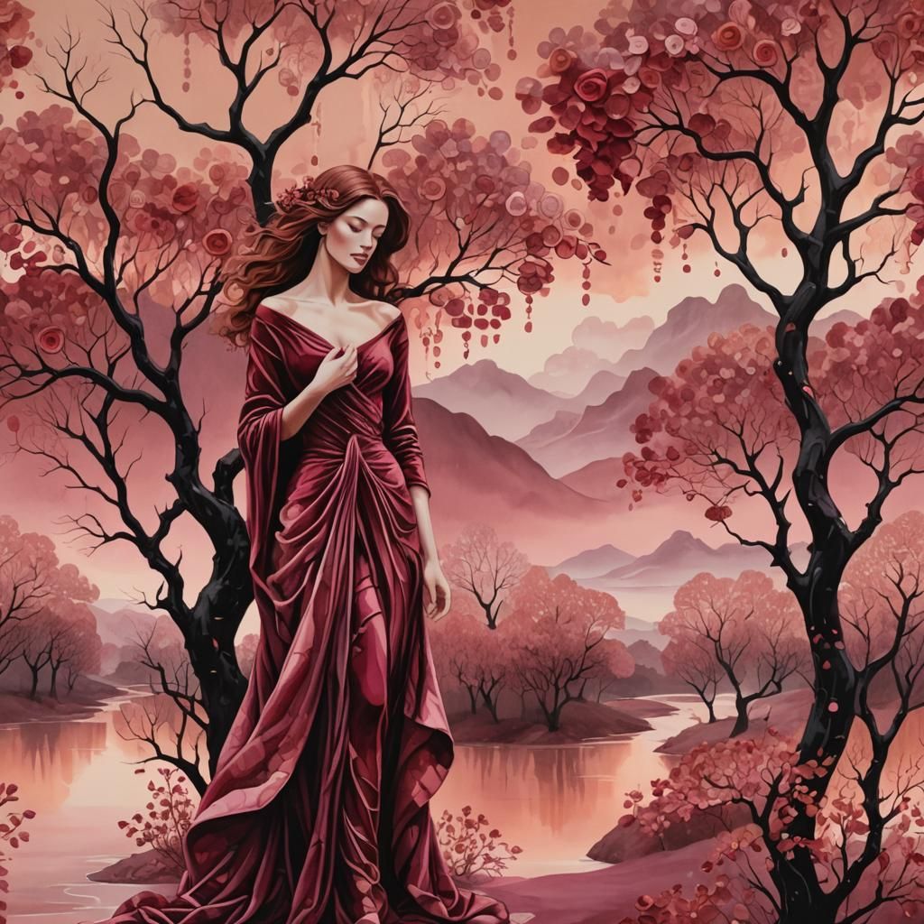 Gouache Painting: River of Wine Under Rose Gold Sky