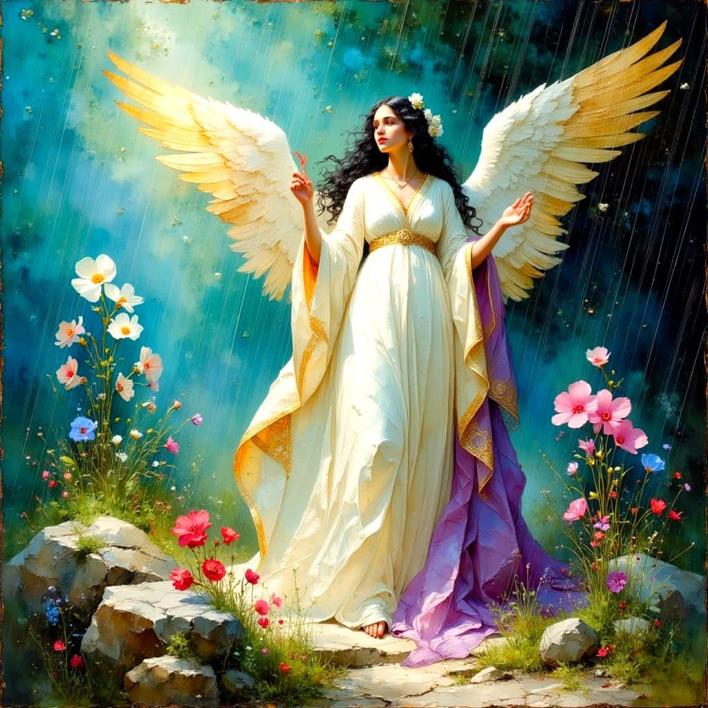 Archangel in Rainy Landscape with Golden Light