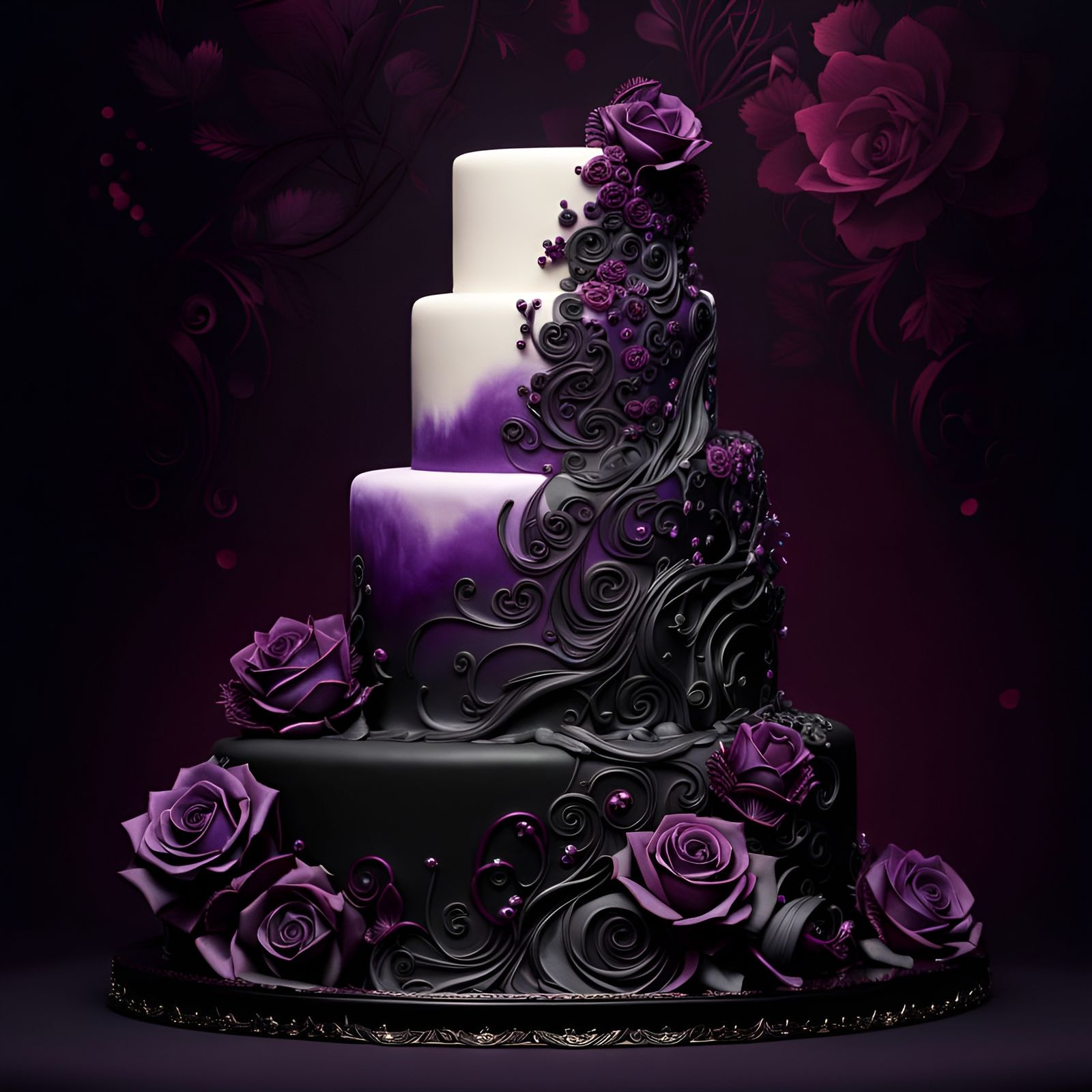 Gothic Wedding Cake with Roses in Alcohol Ink Style