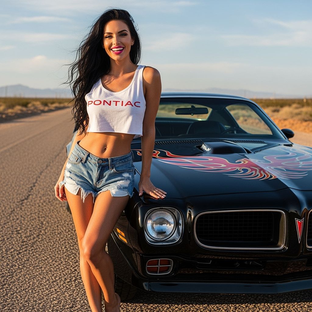 Woman and 1976 Pontiac Firebird in Desert Landscape