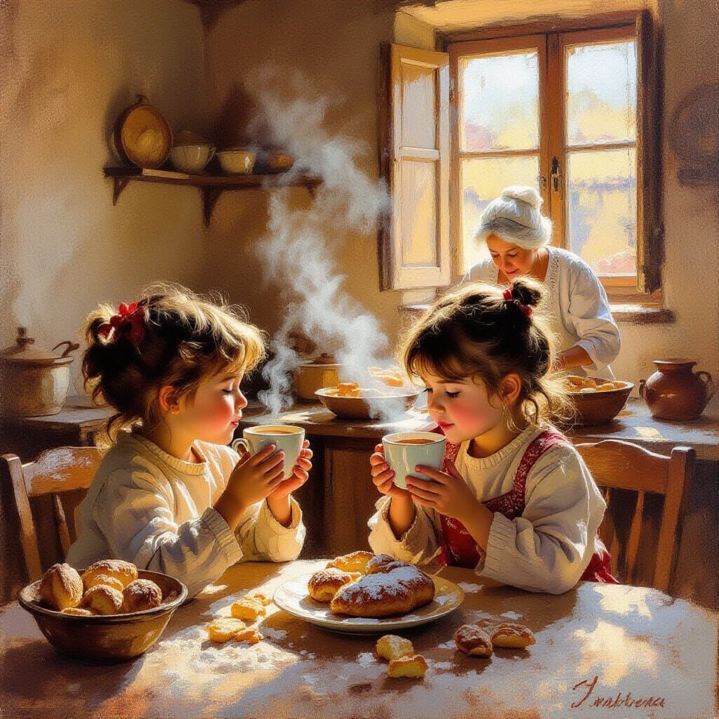 Nostalgic Children Smell Hot Chocolate in Sicilian Home