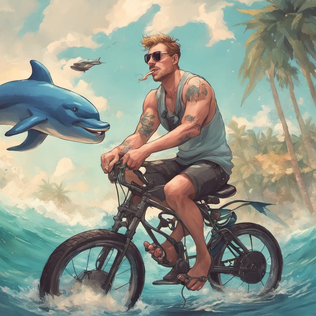 Humorous Scene: German Man, Dolphin, and League of Legends