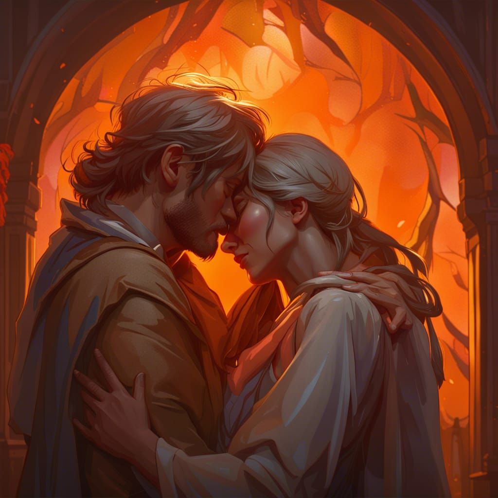 Lovers Embrace: Emotional Concept Art in Art Nouveau Style