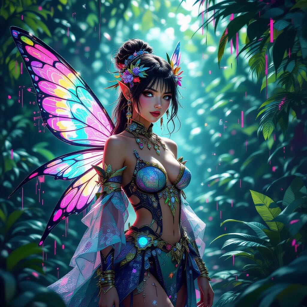 Cyberpunk Fairy with Glitch Effects in Lush Environment