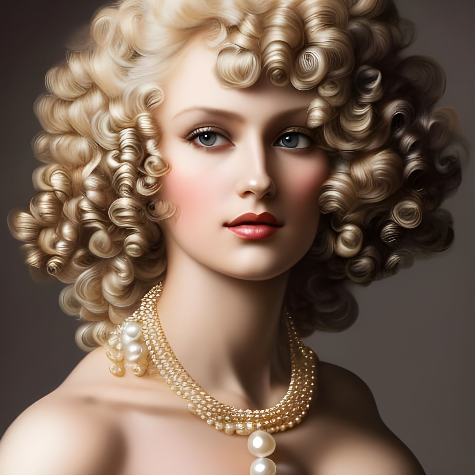 Gorgeous Blonde Woman with Pearl Necklace in Rococo Style