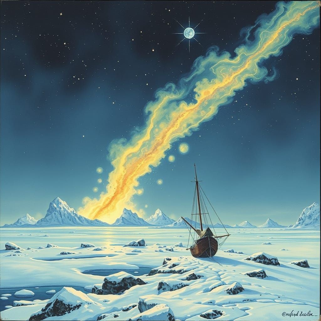 Falling Star over Arctic Ice Shelf in Dulac Style