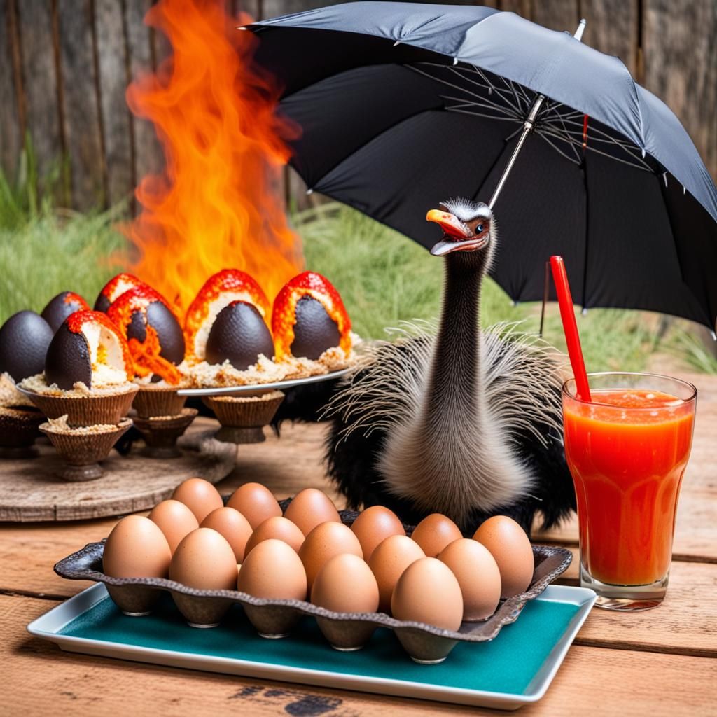 Surreal Emu Eggs Feast on Flaming Cake