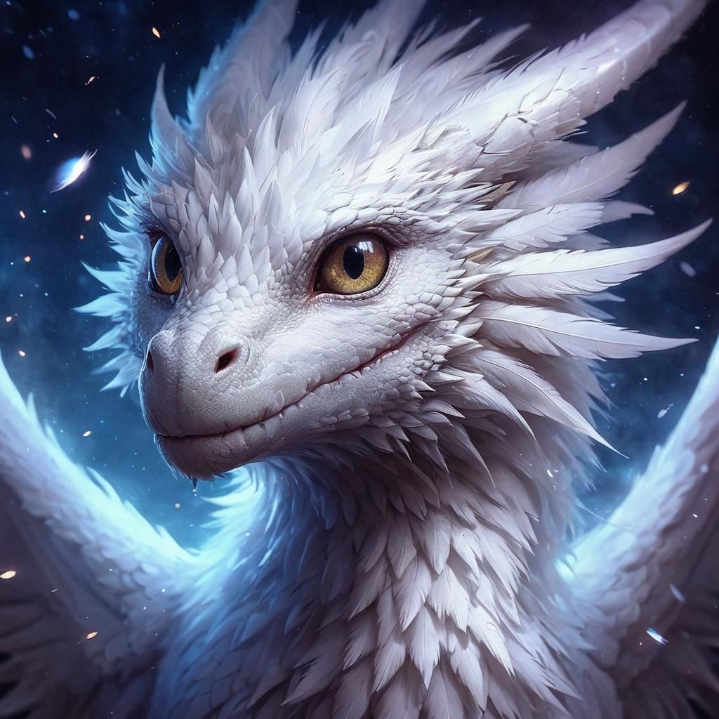Beautiful White Feathered Dragon Portrait in WLOP Art Style
