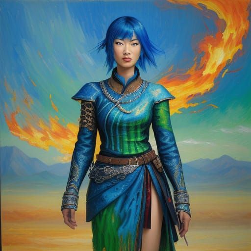 Neo-Impressionist Painting of Woman at Burning Man