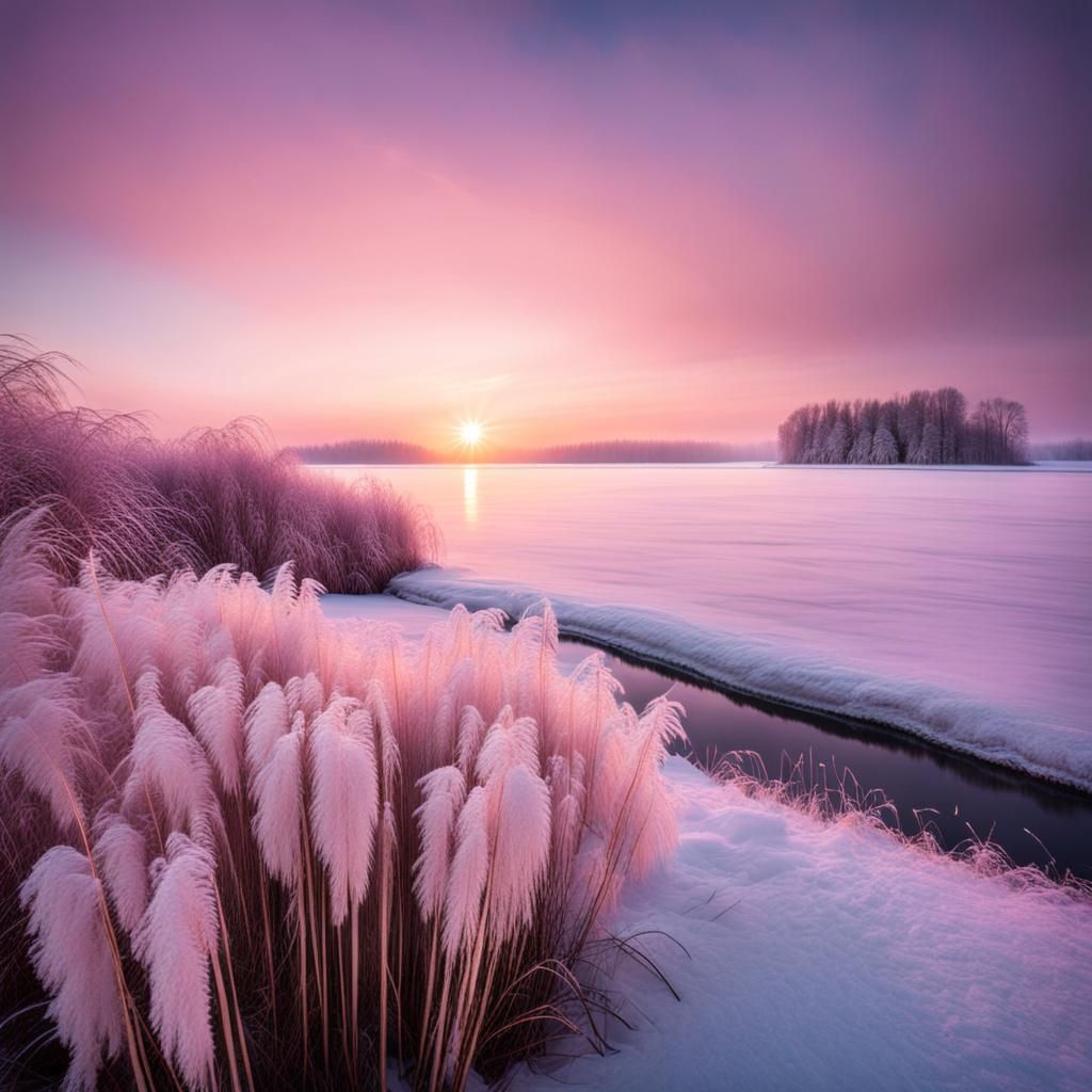 Serene Frozen Lake Sunrise with Pampas Grass