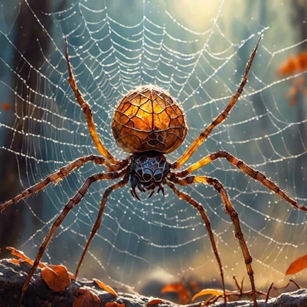 Giant Spider in Web Macro Fantasy Illustration