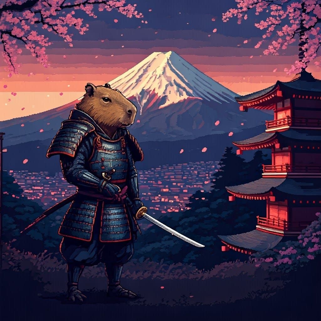 Pixel Samurai Capybara Stands Tall Against Mount Fuji
