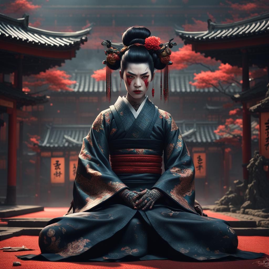 A sinister evil geisha samurai sitting and waiting and body full of tattoos