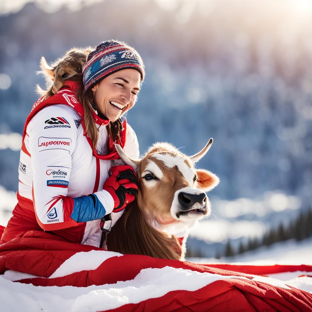 Athlete Celebrates Snowy Victory with Calf