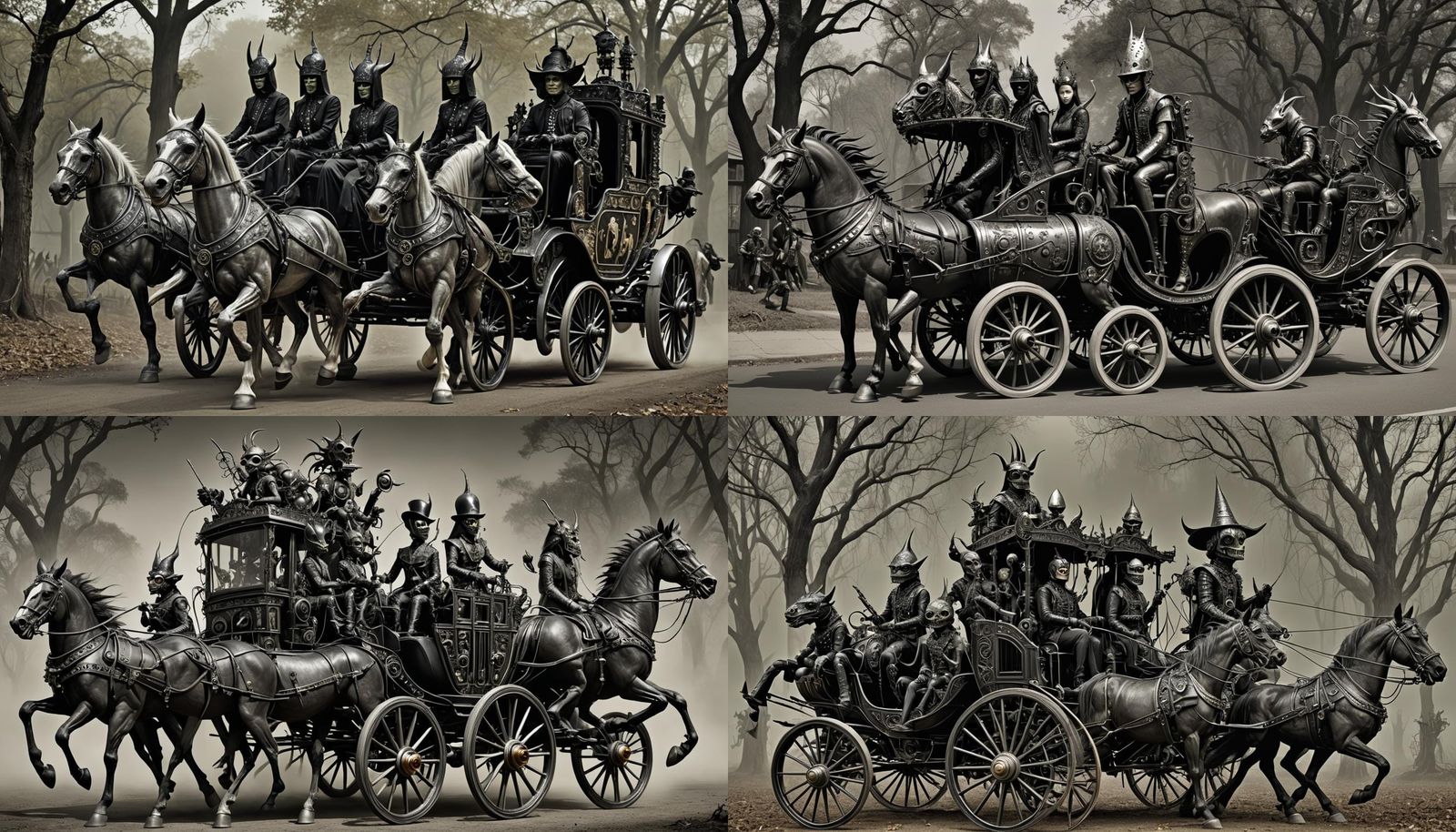 a group of hopskinsville goblins riding in a hrvgiger designed biomechanic horse drawn carriage, by Yayoi Kusama, style ...