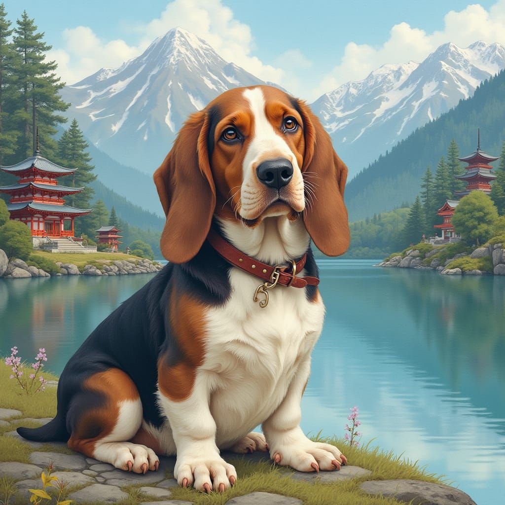Ancient Basset Hound at Lake with Japanese Temples