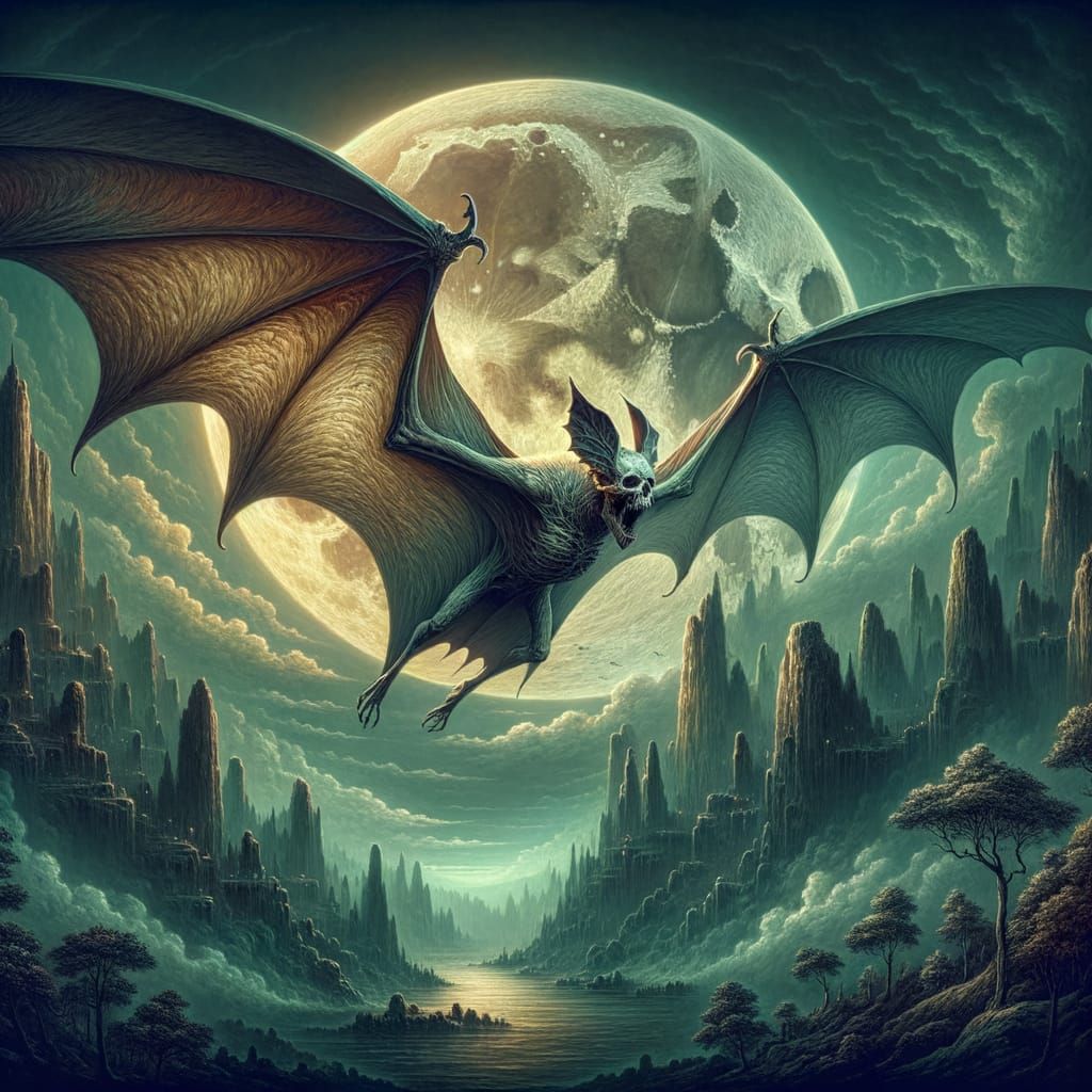 Skull-Headed Bat Soaring Over Shadowy Land