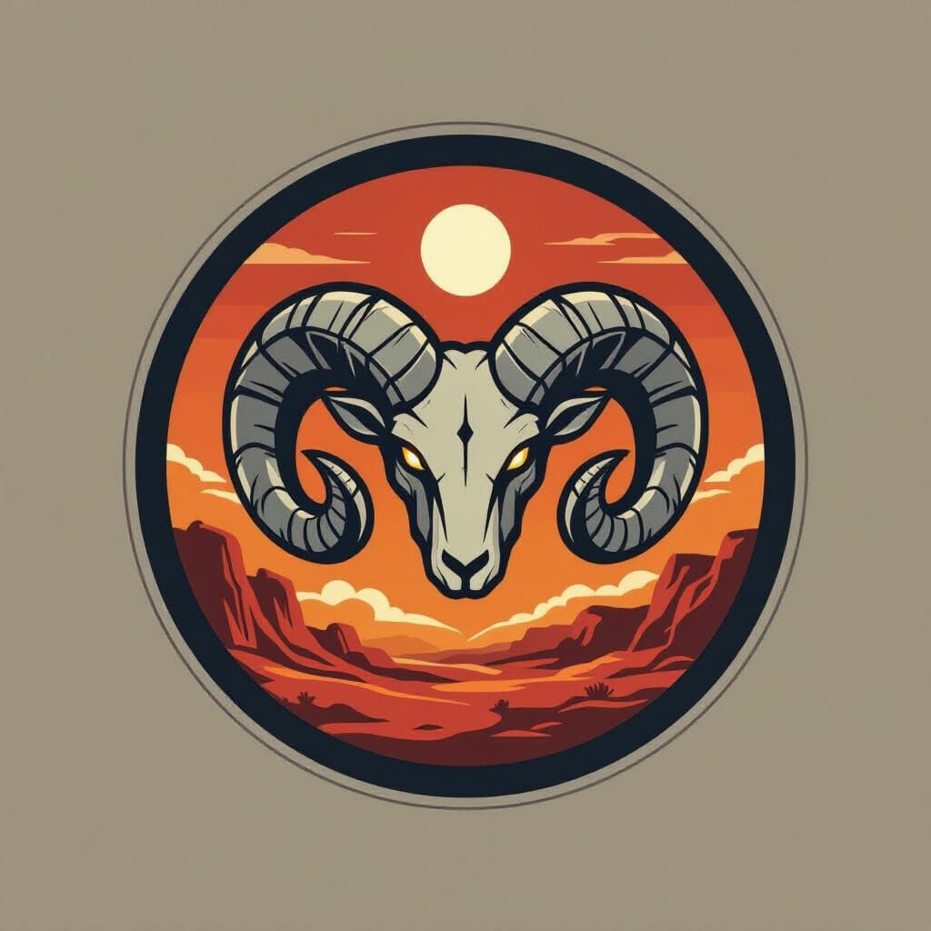 Mars Colony Logo with Ram Horns and Martian Landscape