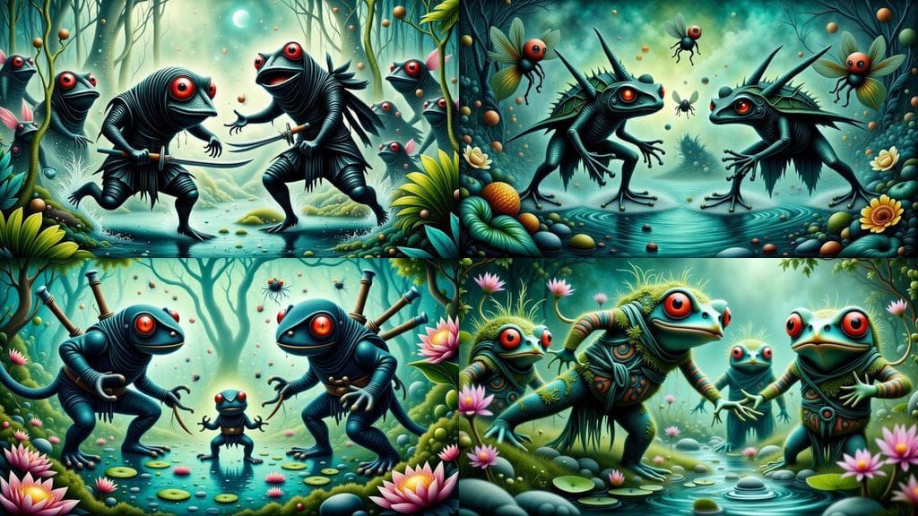 Surreal Ninja Frogs Battle Evil Fly Enemies in a Mystical Po...