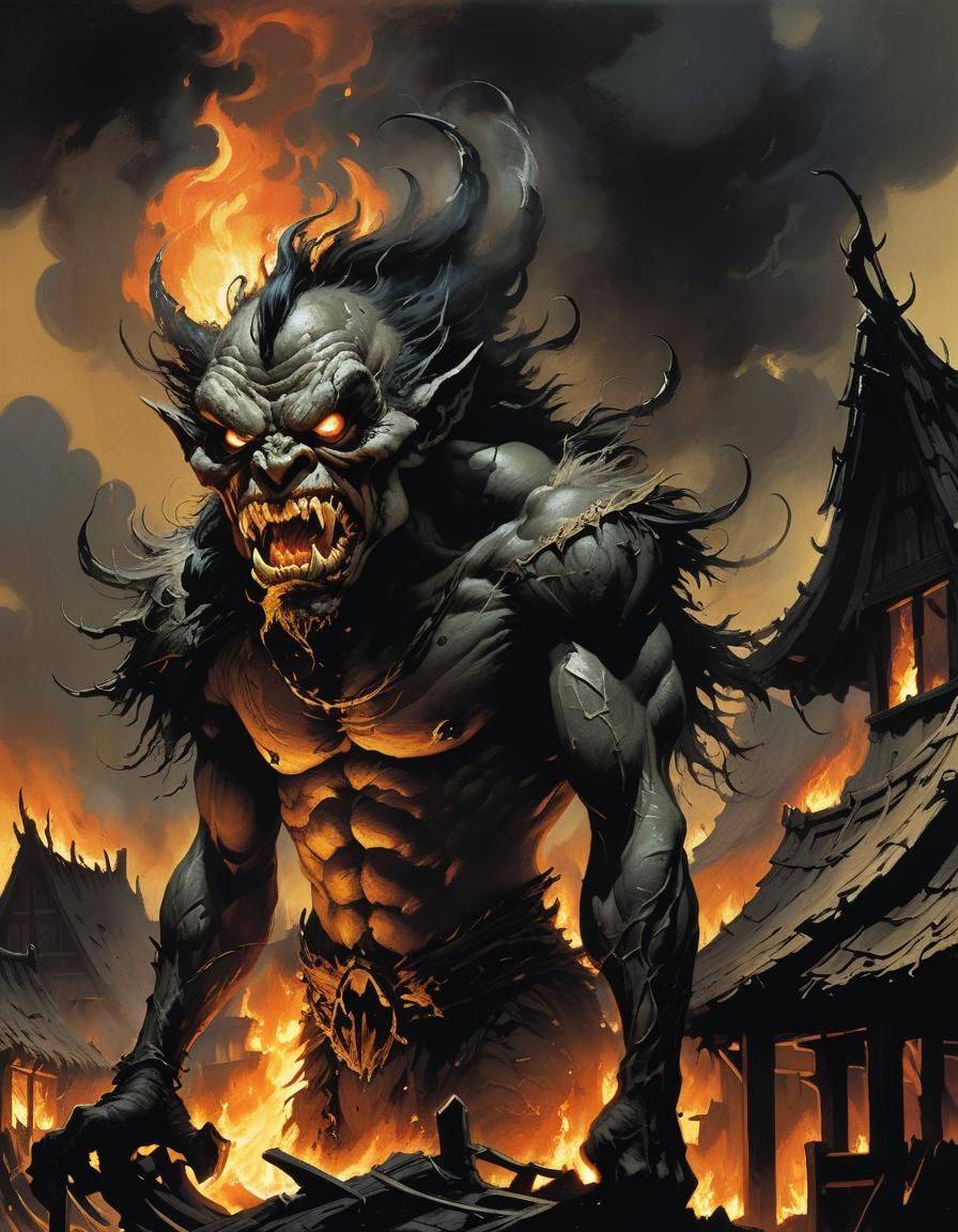 Trolloc in Burning Village: Dark Fantasy Illustration