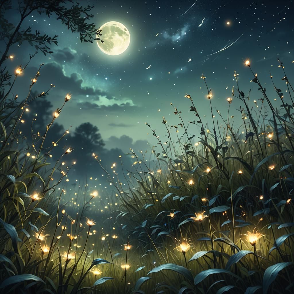 Fireflies Twinkling in Moonlit Field: Digital Matte Painting