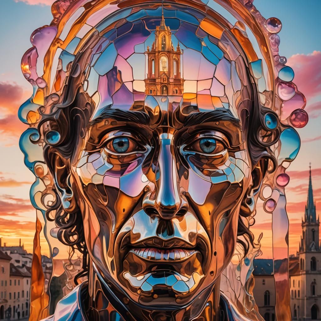 Surreal Glass Head Cathedral Sunset: Dreamlike Oil Painting
