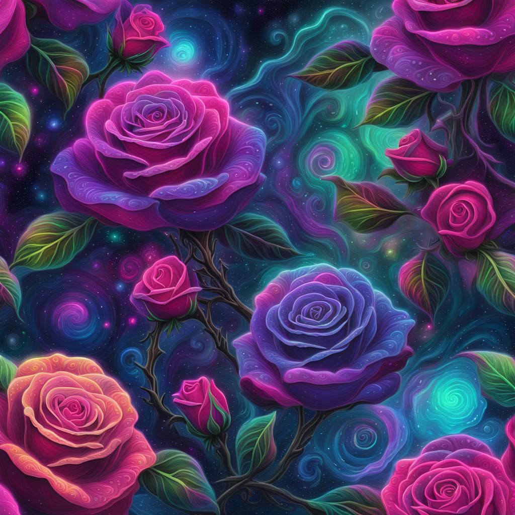 Neon Roses in Gloomy Forest: Cosmic Illustration