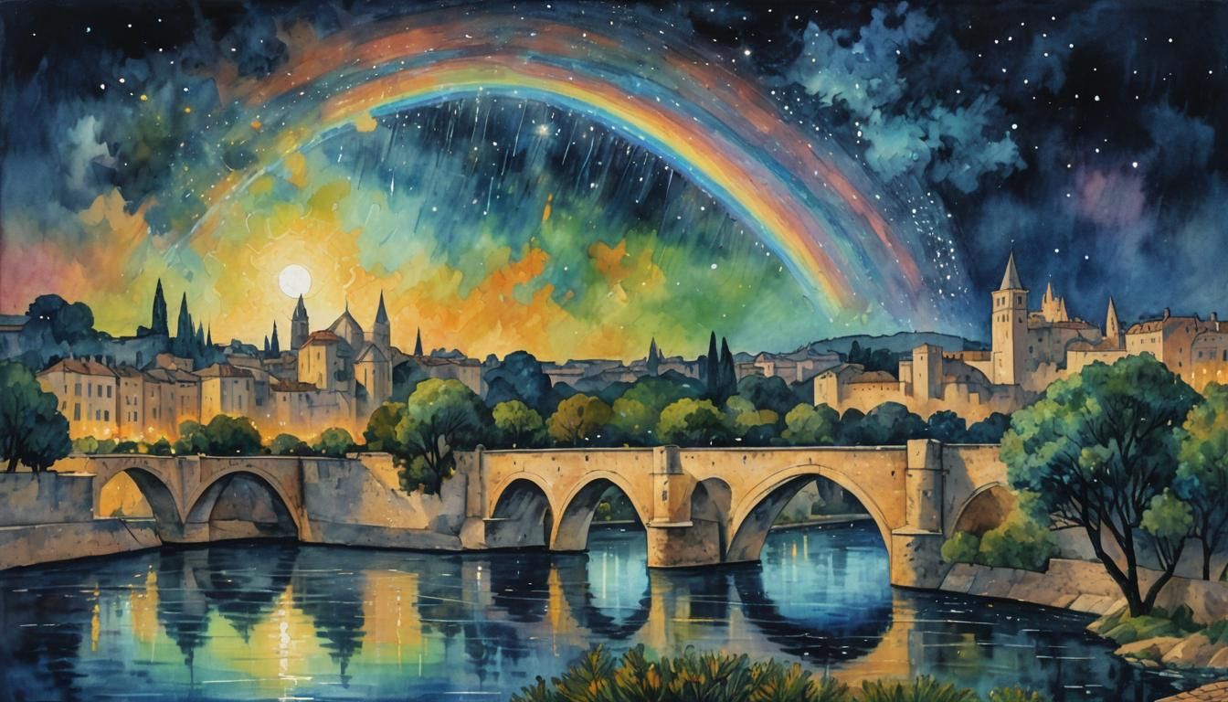 Avignon Moonbow: Gouache Impressionist Masterpiece