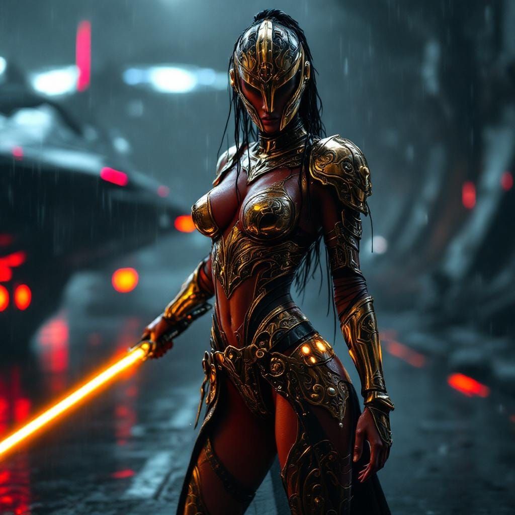 Elegant Red-Skinned Warrior in Golden Armor with Lightsaber