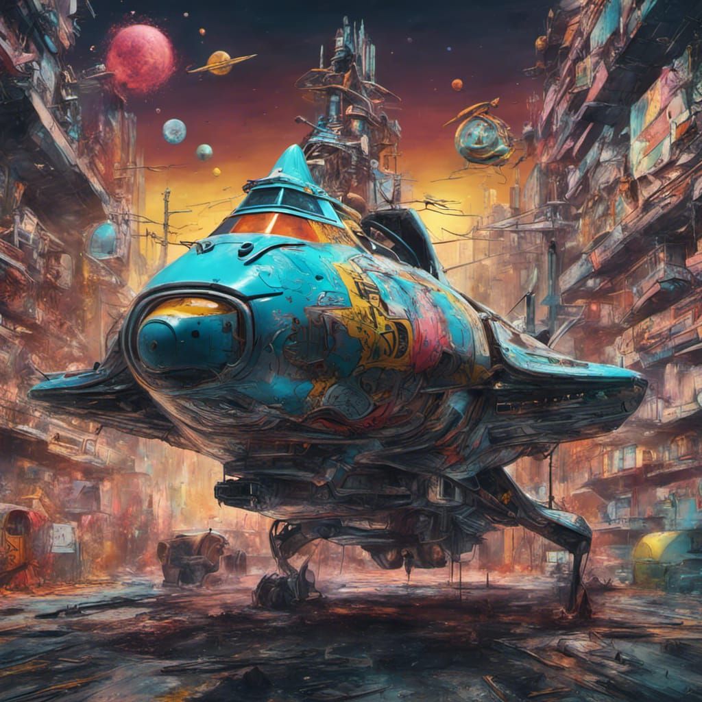 Afrofuturist Graffiti Spaceship in Basquiat SAMO Style