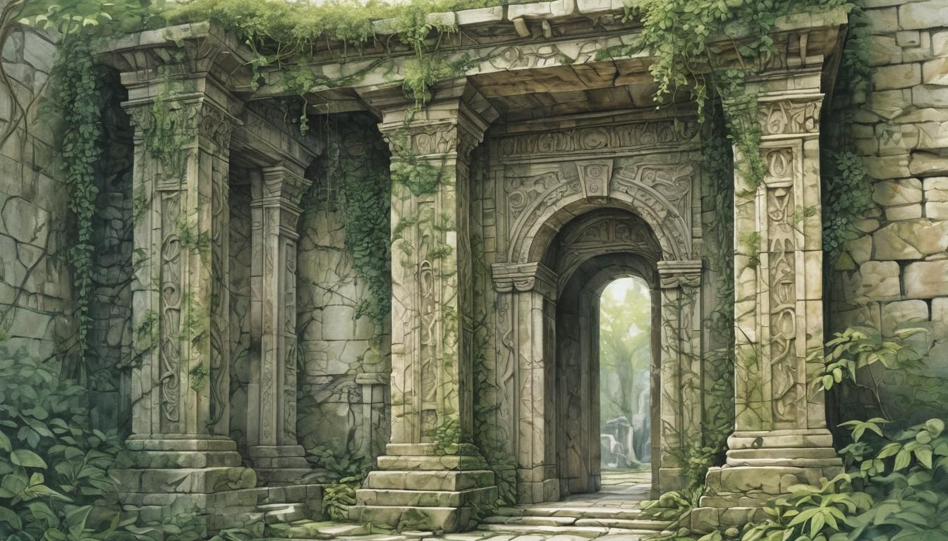 Mystical Ancient Temple Entrance in Watercolour