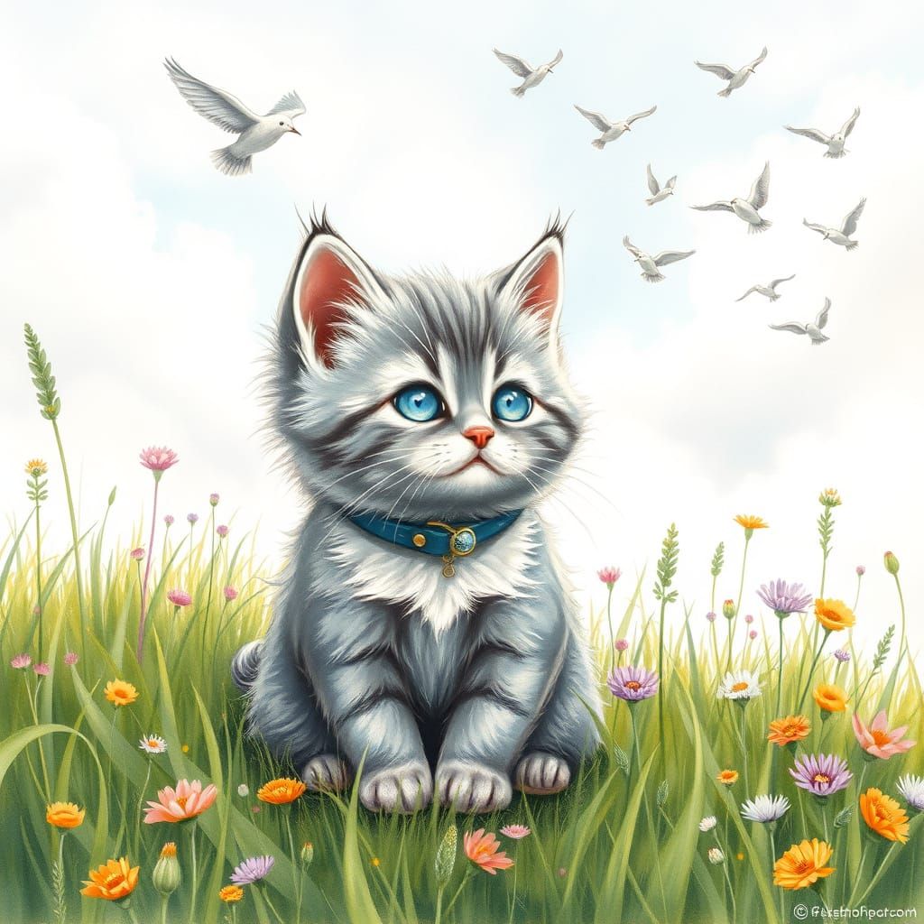 Whimsical Grey Kitten Surrounded by Birds in a Lush Meadow