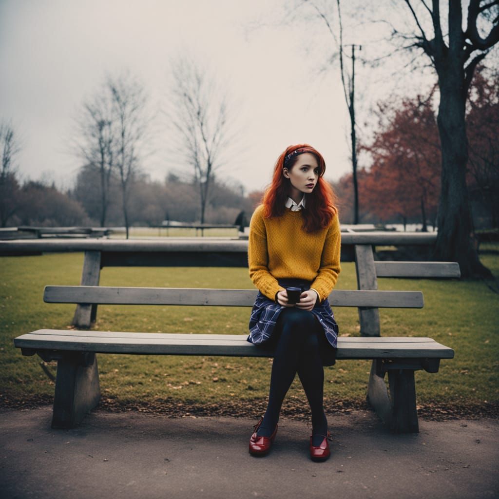 Stunning Woman Sits on Park Bench with Tea Mug