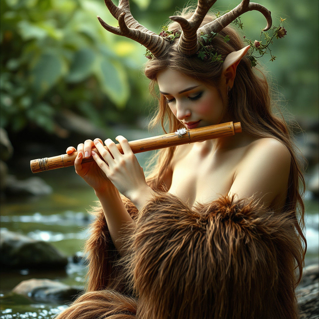 Faun Playing Flute in Woodland Stream, Brian Froud Style