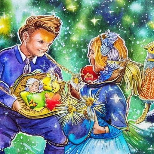 Whimsical Watercolour Scene of Joyful Children and Pets