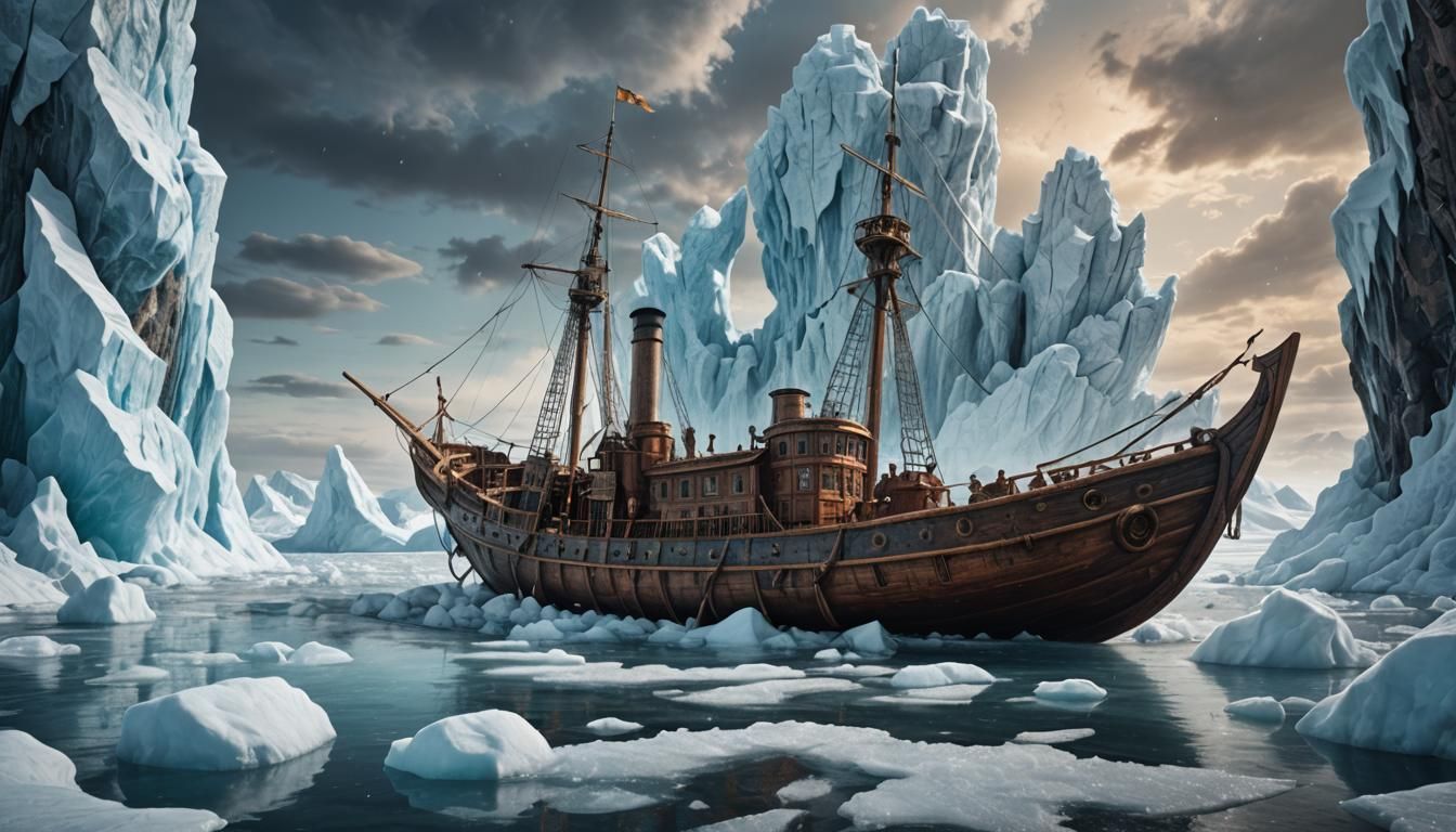 Steampunk Boat and Frozen Giant in Hyperrealistic Arctic Art