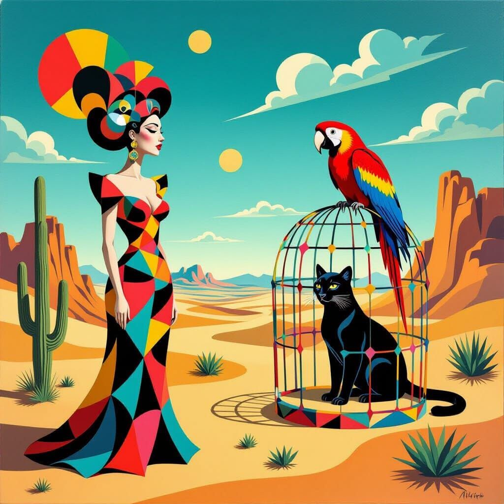 Surreal Dreamscape with Woman, Puma in Cage, and Parrot