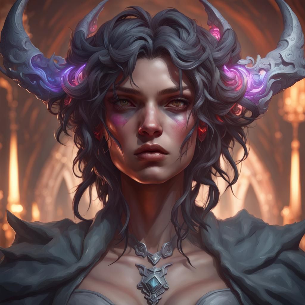 Detailed Demon Portrait in Art Nouveau Style