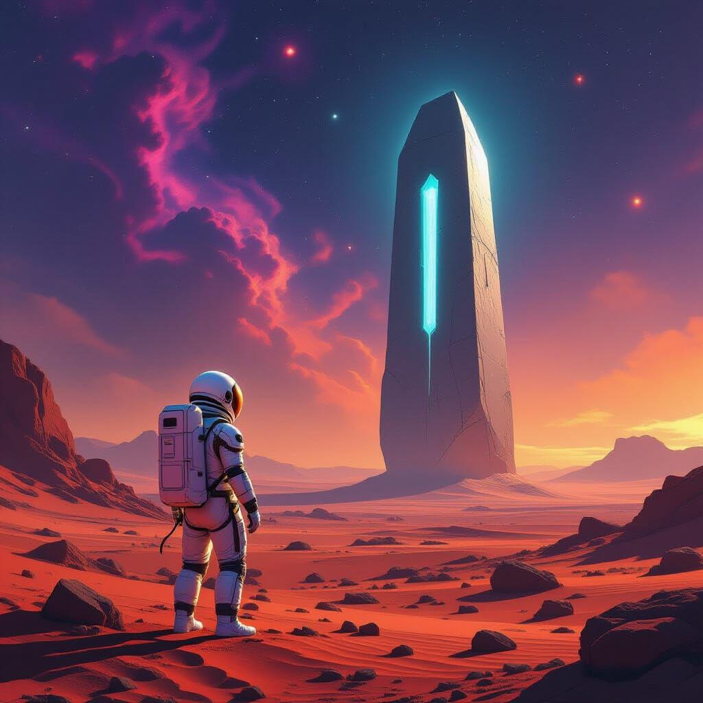 Astronaut on Mars Meets Cosmic Alien Monolith