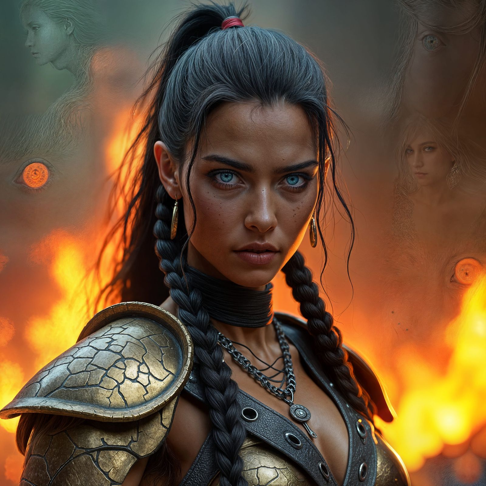 Vibrant Armored Female Warrior with Braided Hair