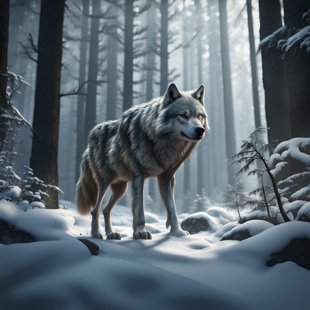 Grey Wolf in Snowy Forest: Detailed Matte Painting