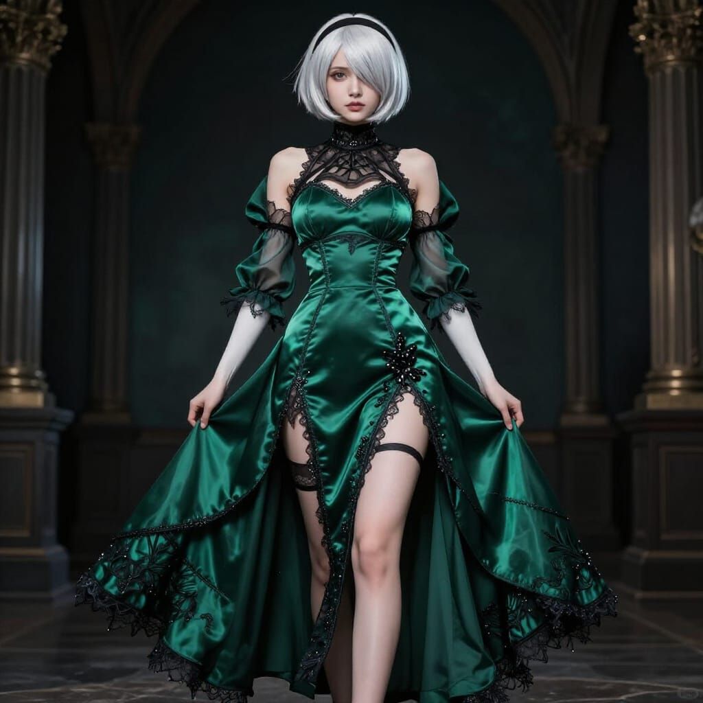 Emerald Silk Gown Woman at Ball