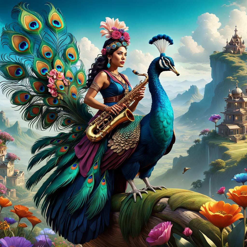 Gypsy Saxophonist Riding Peacock in Fantasy Landscape