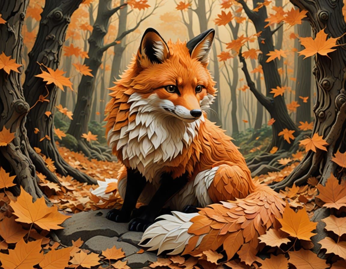 Autumn Fox in Golden Light, Textured Paper Collage
