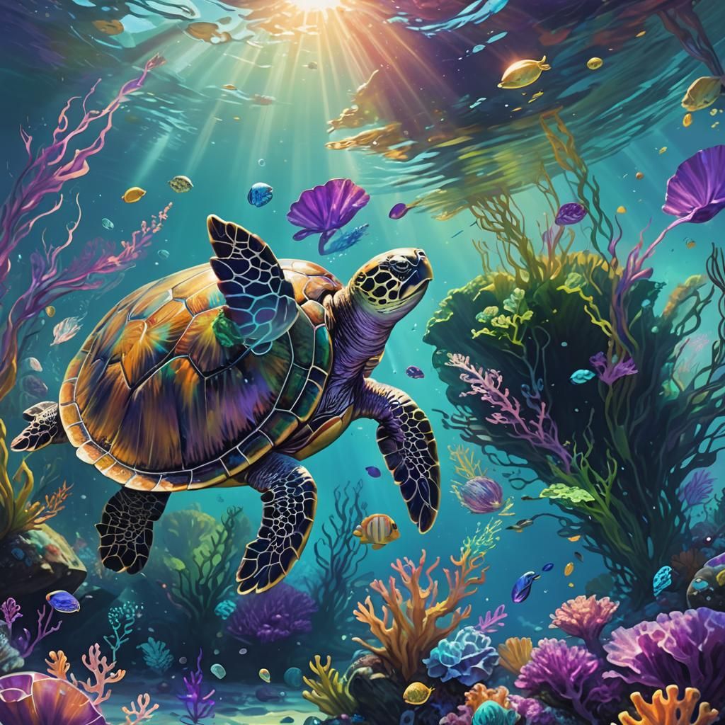 Iridescent Turtle Swimming in Fantasy Ocean