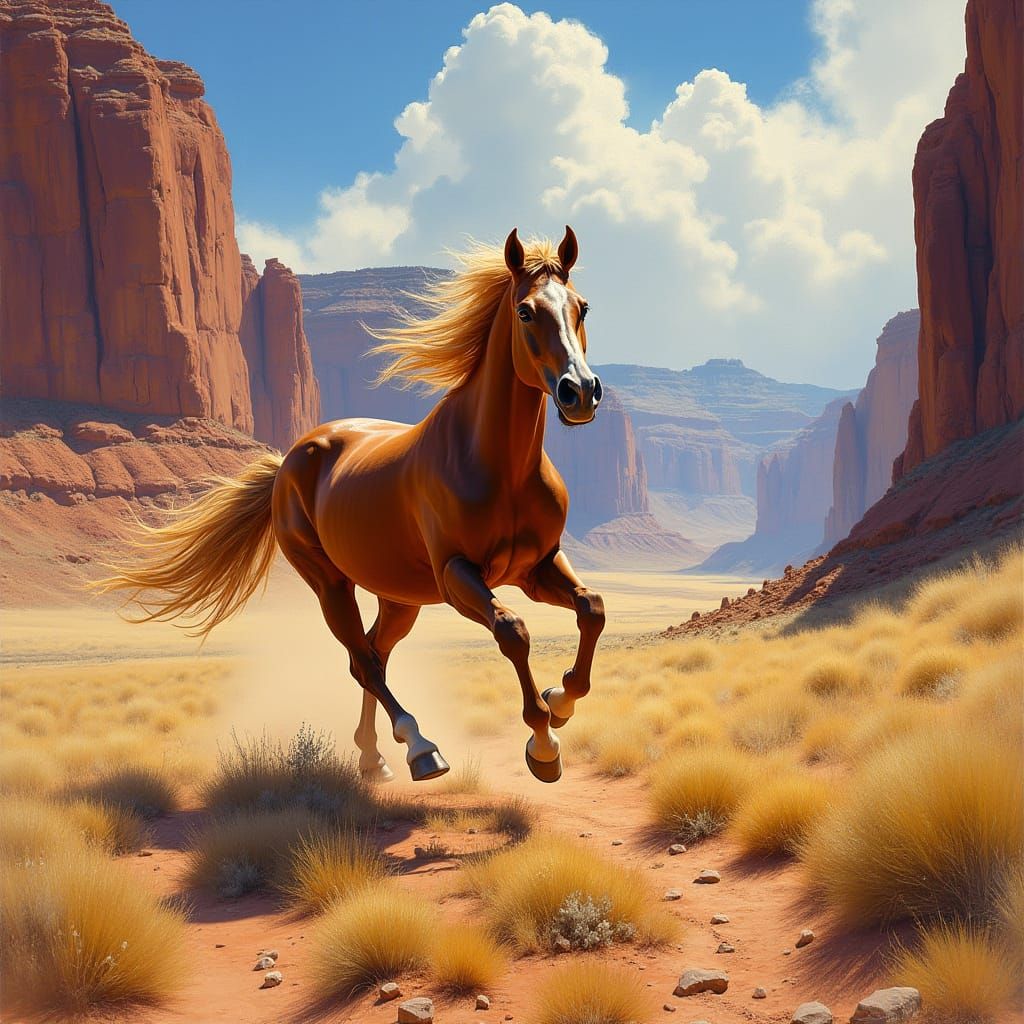 Majestic Mustang in Canyon, Oil Painting Style
