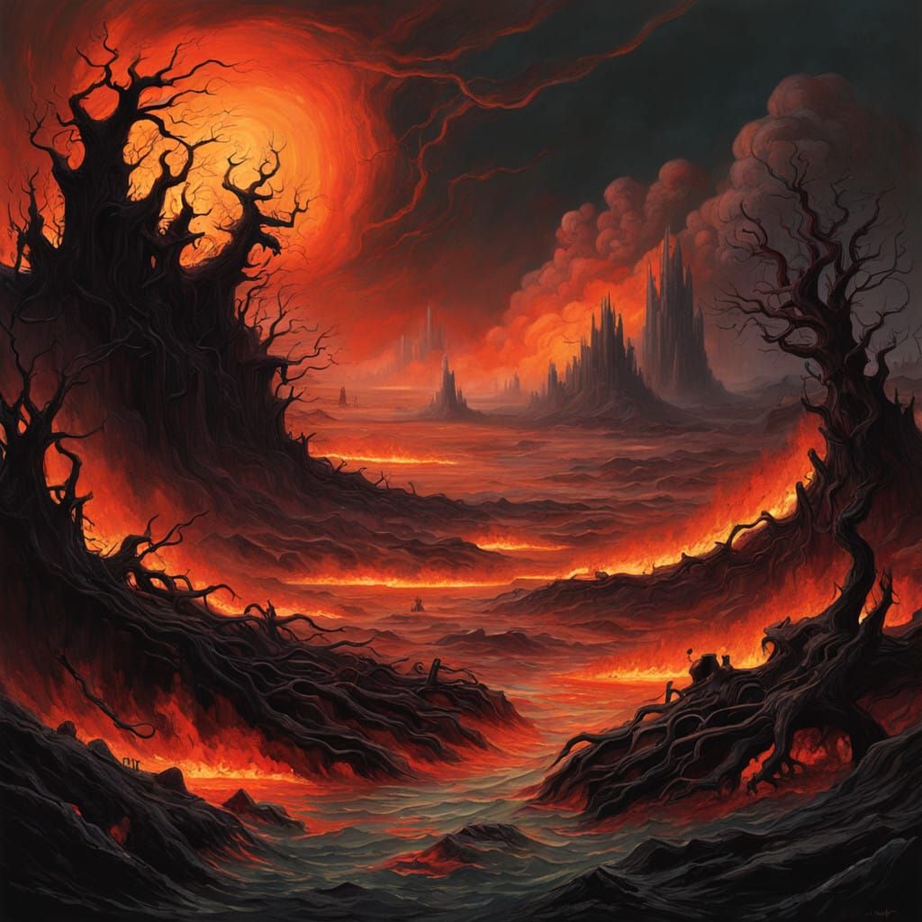Dark Futurist Hellscapes Made from Twisted Roots and Burning...